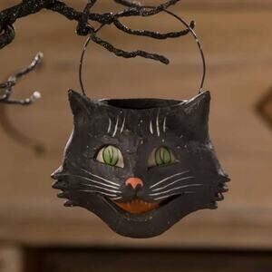 Bethany Lowe Vintage Happy Cat Bucket Ornament Small Mini Black Halloween Cat